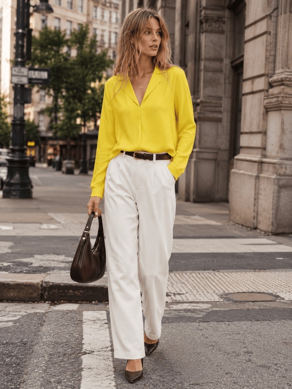 Women's Yellow V-Neck Long-Sleeve Blouse